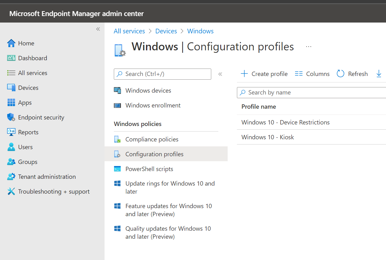 Accessing Intune device configuration profiles